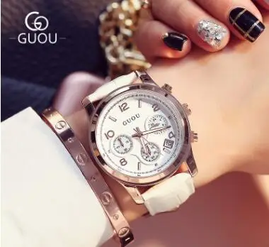 

Fashion GUOU Brand Real 3 Eyes Work Rose Gold Luxury Genuine Leather Strap Waterproof Quartz Women Casual Girl Gift Wristwatches