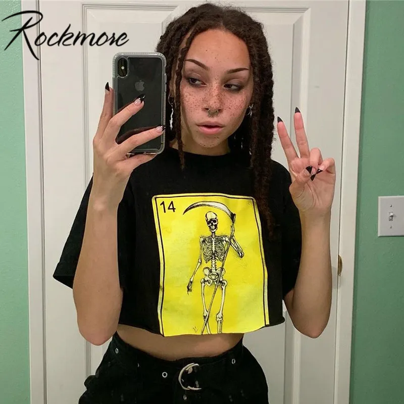 

Rockmore Black Loose Cotton T-shirt Women Half Sleeve Casual Fashion Skull Shantou Print Tshirt Female Woman Top Tee Girl Summer