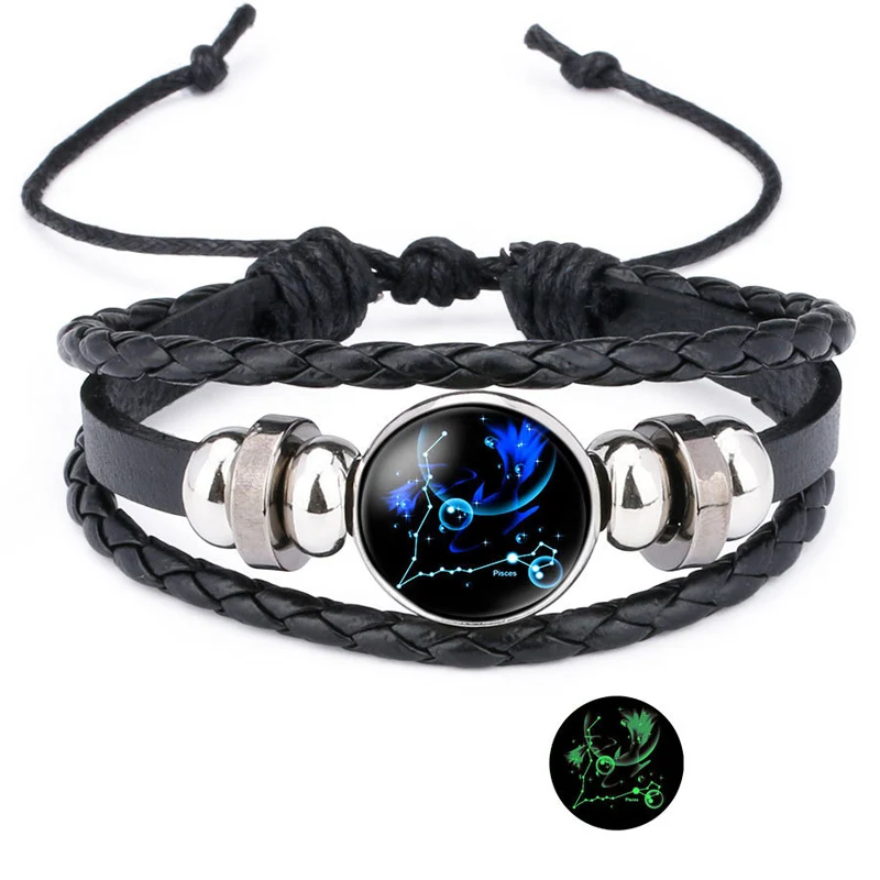NIUYITID 12 Constellation Bracelet For Women Unisex Leather Jewelry Adjustable Luminous Universe Horoscope Male Boy Gift (8)