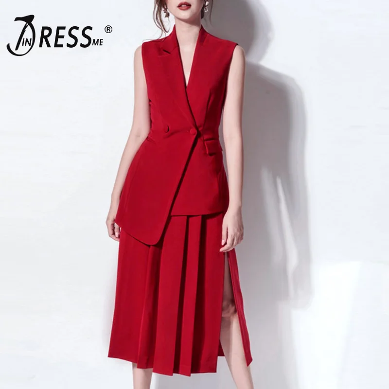 

INDRESSME 2019 New Women Two-piece Set Notched Collar Sleeveless Button Top With Pleated Slit Skirt Party Red Set