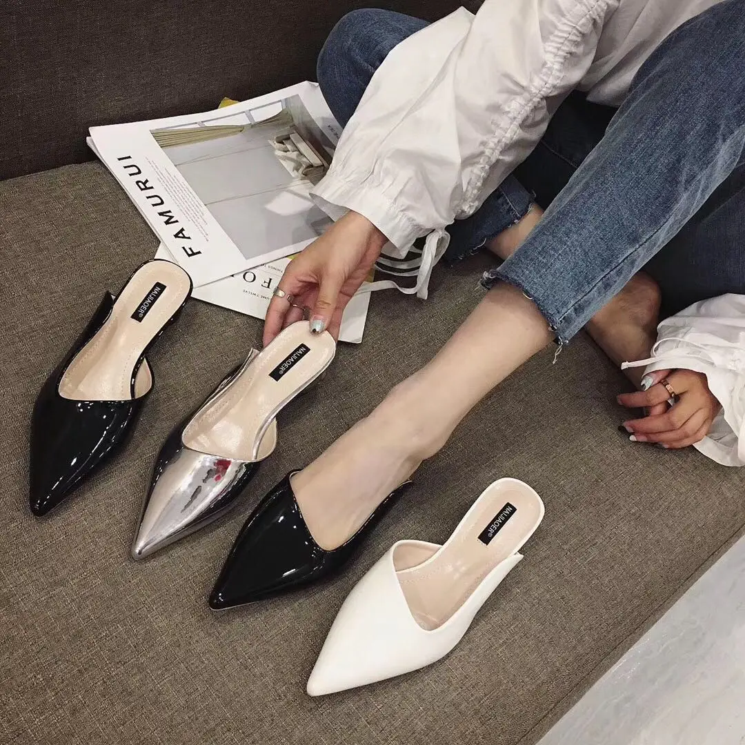 

Woman Shoes Round Heels Mules Pointed Toe Slippers Ladies Slip on Slides Leather Shallow Sandalias Mujer Black White Silver