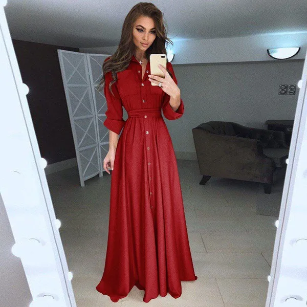 

Plus size 5XL women single-button lace-up white maxi dress long sleeve turn-down collar high waist sukienka vetement femme 2019