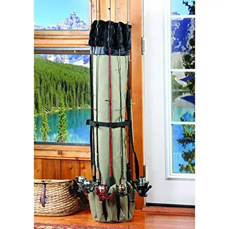 Durable Canvas Fishing Rod & Reel Organizer Bag Travel Carry Case Bag-  Holds 5 Poles & Tackle