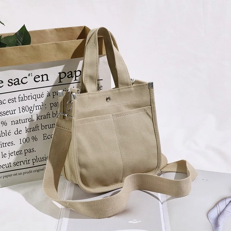 

Women Canvas Handbags Hasp Girls Fashion Open Pockets Shoulder Bags Soft Handle Daily Bags