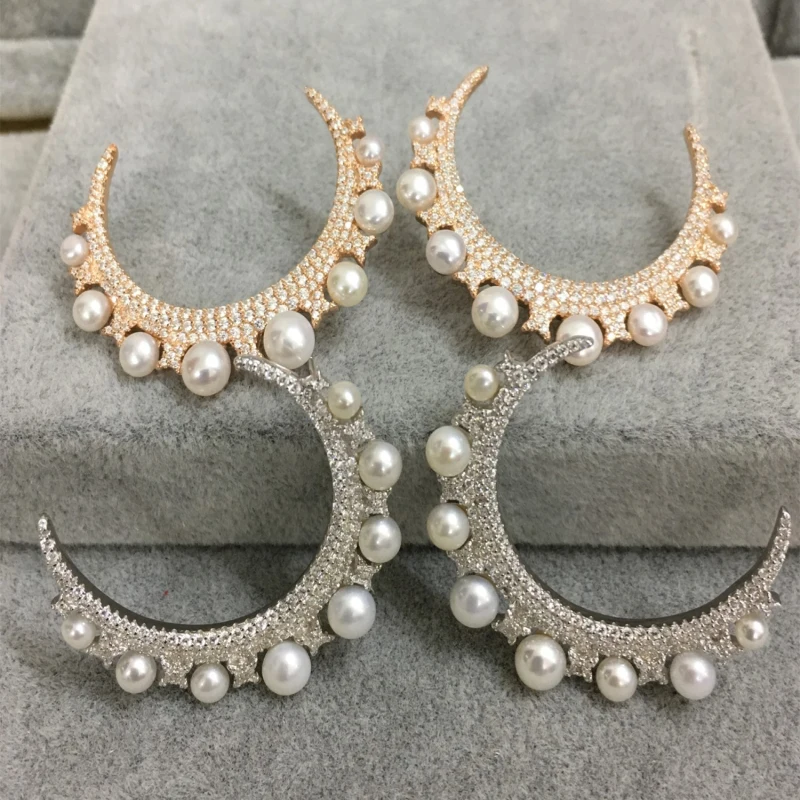 

S925 Sterling Silver with Zircon Star Moon Pearl Earrings Stylish Earrings Fits Monaco Jewelry with Women's Party Gifts