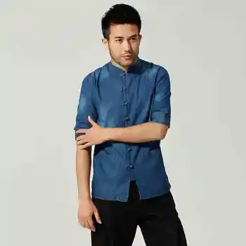 

New Arrival Blue Chinese Men's Summer Cotton Casual Shirt Kung-Fu Tai Chi Shirts Tang Suit Tops Size S M L XL XXL XXXL MS037