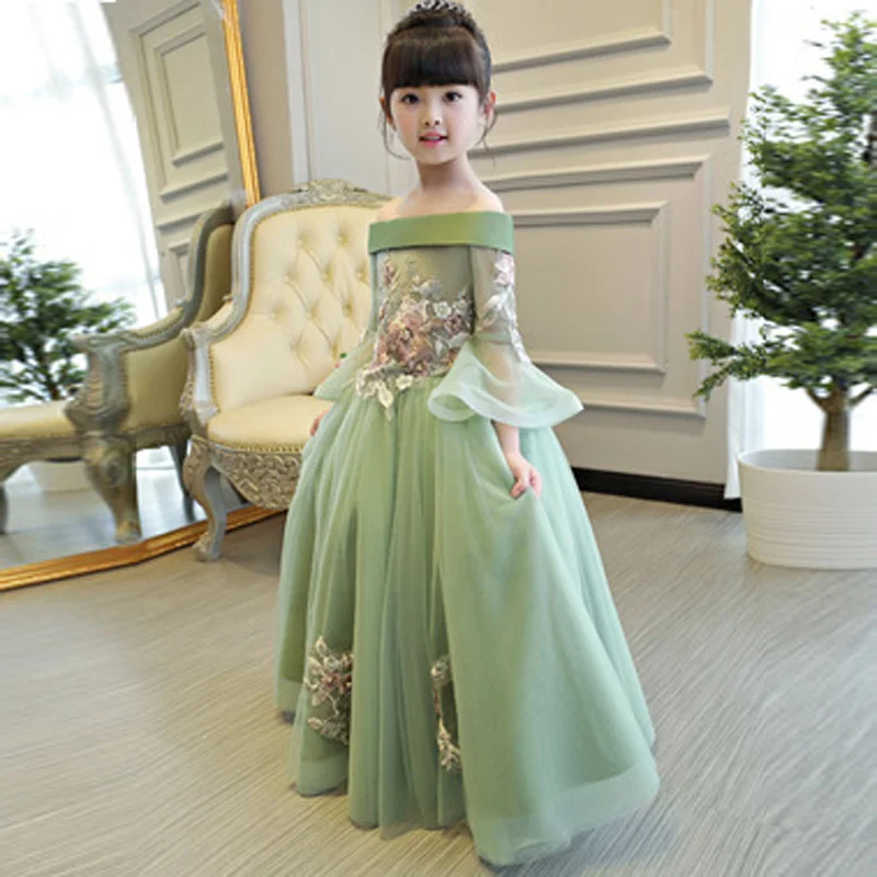 Длинное детское платье-пачка на свадьбу, день рождения, Рождество; Детские платья с вышитыми цветами и бисером; платье без рукавов для первого причастия; E90