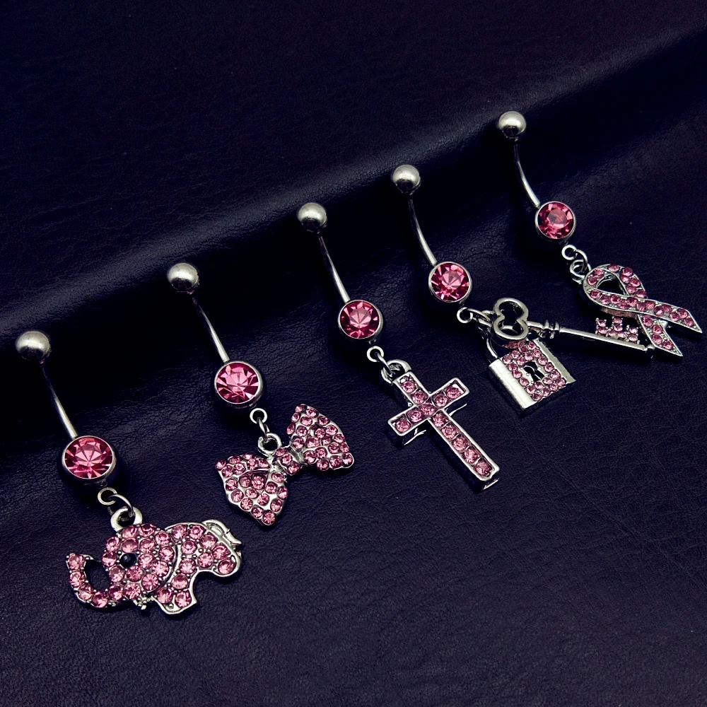 

5pcs 2019 new arrivals pink rhinestone bow key lock Elephant cross dangling navel belly bar button rings body piercing jewelry