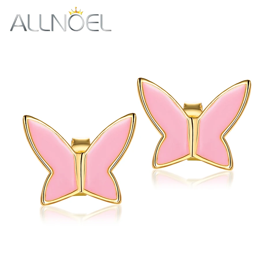 

ALLNOEL Pink Enamel Stud Earrings For Women Butterfly Handmade Fine Jewelry Gift On March 8 Real Gold Wedding Vintage Earrings