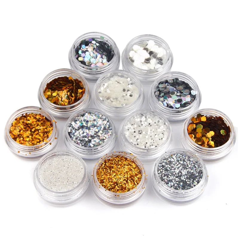 

12 Bottle/set Hexagon Nail Art Glitter Powder Mixed Color Size Nail Glitter Sequins Women Beauty Salon Nail Decorations WY657