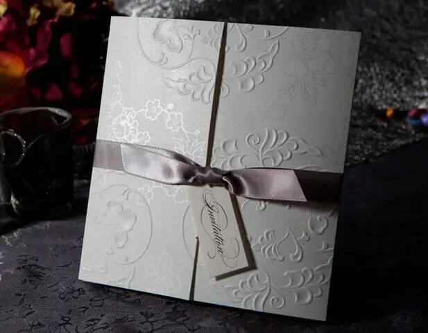Elegant Square Fl Embossed Wedding Invitations With Ribbon Tied Elegant Square Fl Embossed Wedding Invitations With Ribbon Tied Tri Fold Cards 100pcs