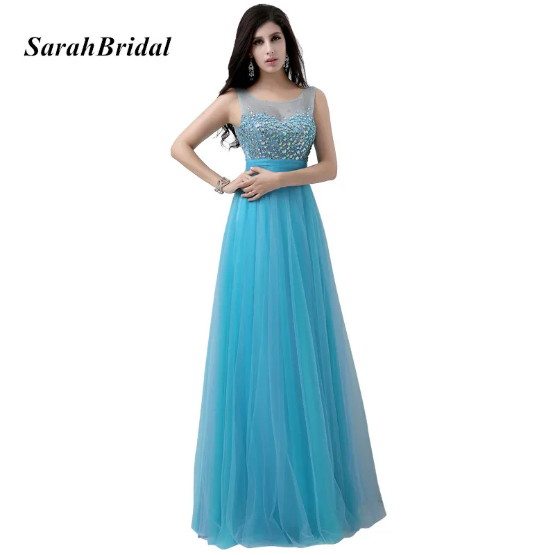 

Real Picture A Line Sky Blue Long Prom Dresses 2017 With Crystals Tulle V Back Party Dress In Stock longo AJ026