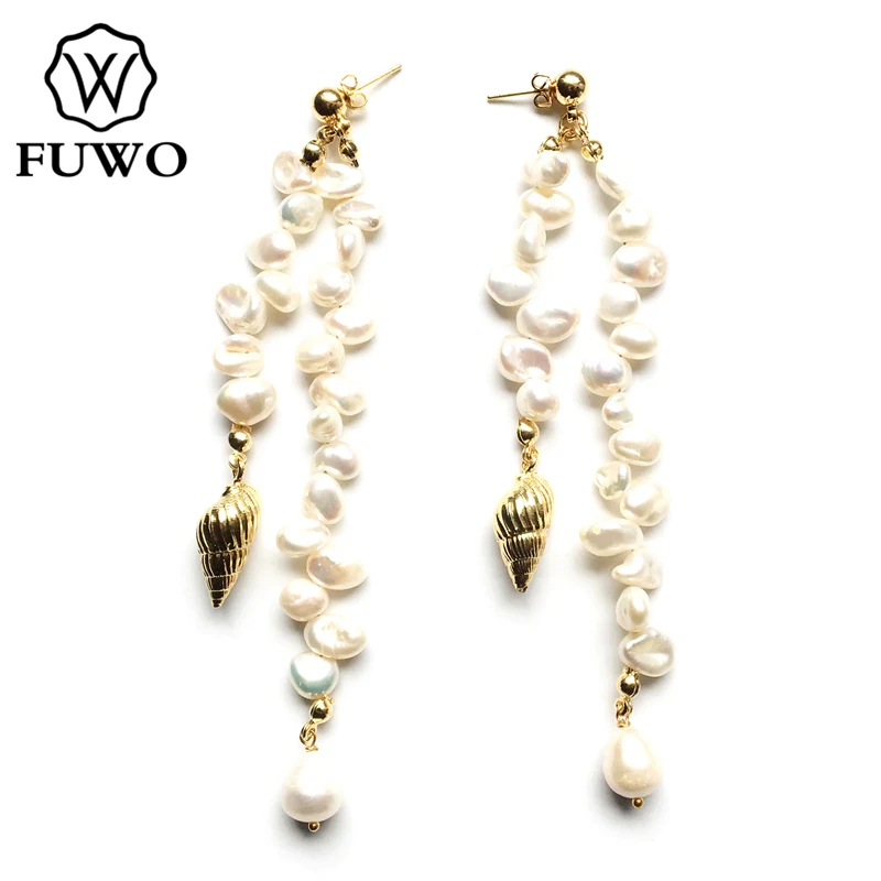 

FUWO Natural Irregular Pearl Earrings with Gold Filled Shell Fashion Earrings Women Beach Holiday Jewelry ER531