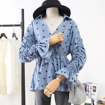

Women blue doll point blouse sexy deep v neck long sleeve blouses hot sale