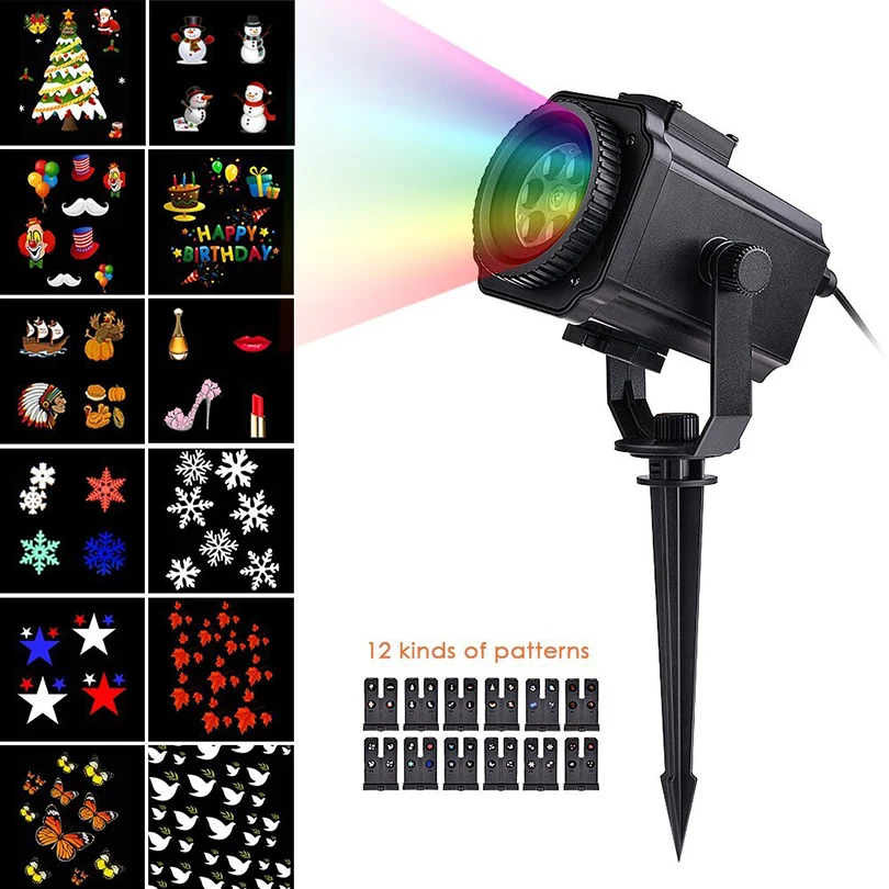 12 узор Сменные слайды Рождество лазерный проектор лампы Снежинка Свет Этапа Открытый Водонепроницаемый Пейзаж сада свет