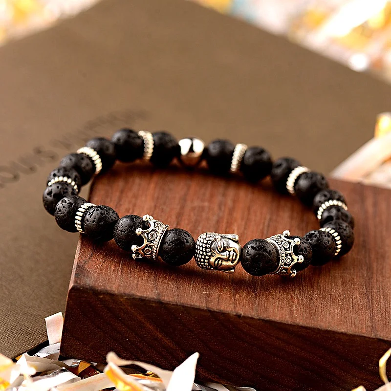 

Charm Retro Silver Buddha Crown Bead Bracelet Men Homme Women's Black Lava Stone Strand Bracelets Energy Erkek Bileklik Bracelet