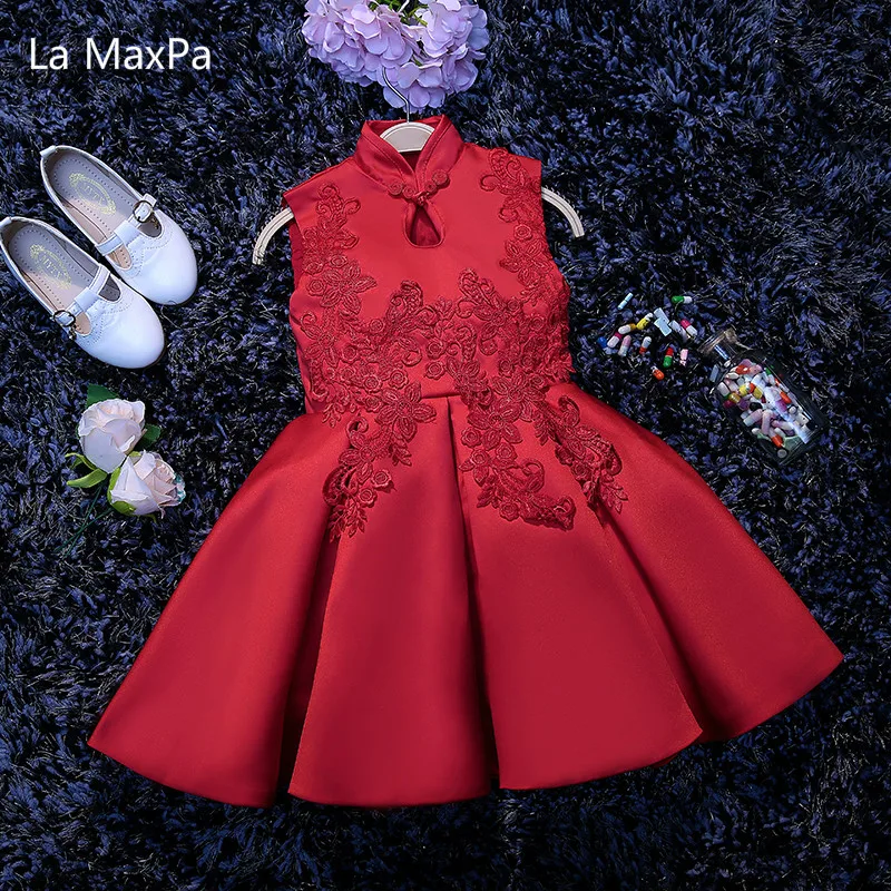 

2017 Red Cheongsam Girls Flower Catwalk Show Dress Baby Ball Gown Birthday Wedding Princess Party Dress