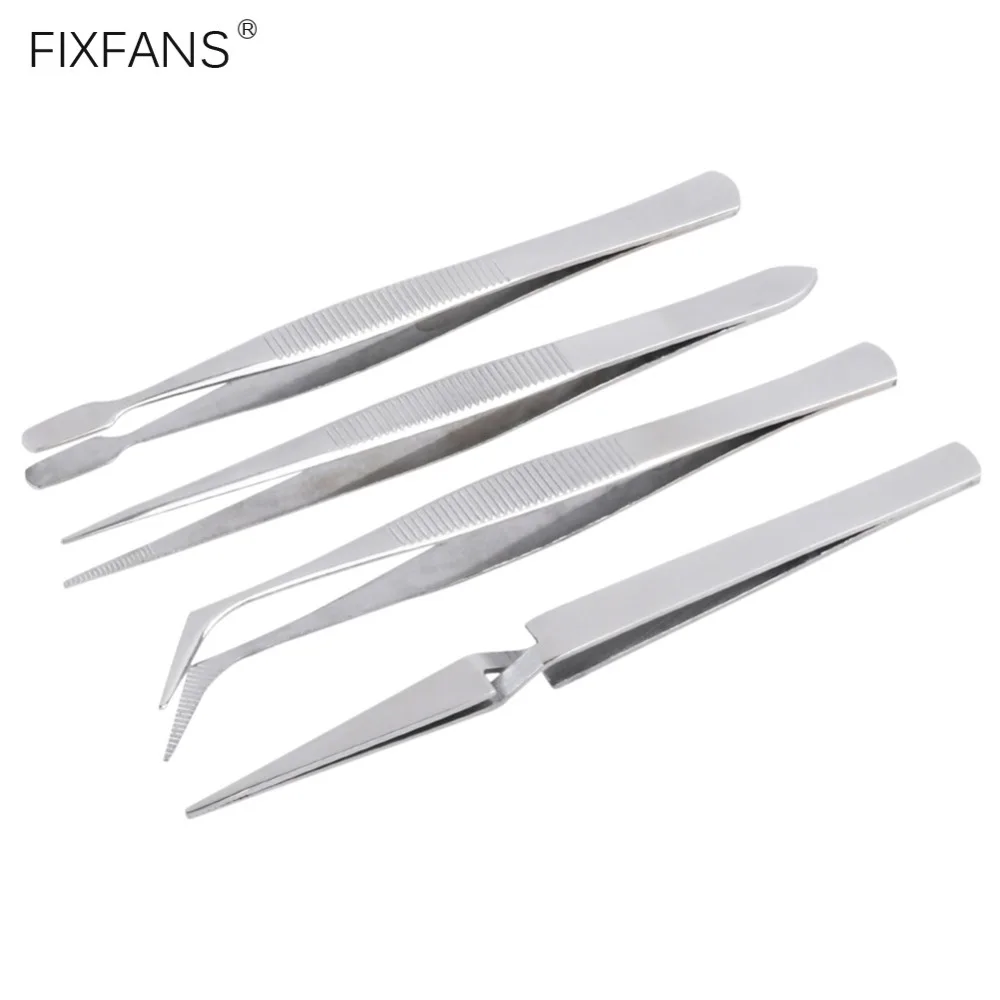 FIXFANS-4Pcs-Precision-Stainless-Steel-Electronic-Tweezers-Set-Straight-Curved-Flat-Cross-Lock-Tweezers-Forceps-Repair-Tools