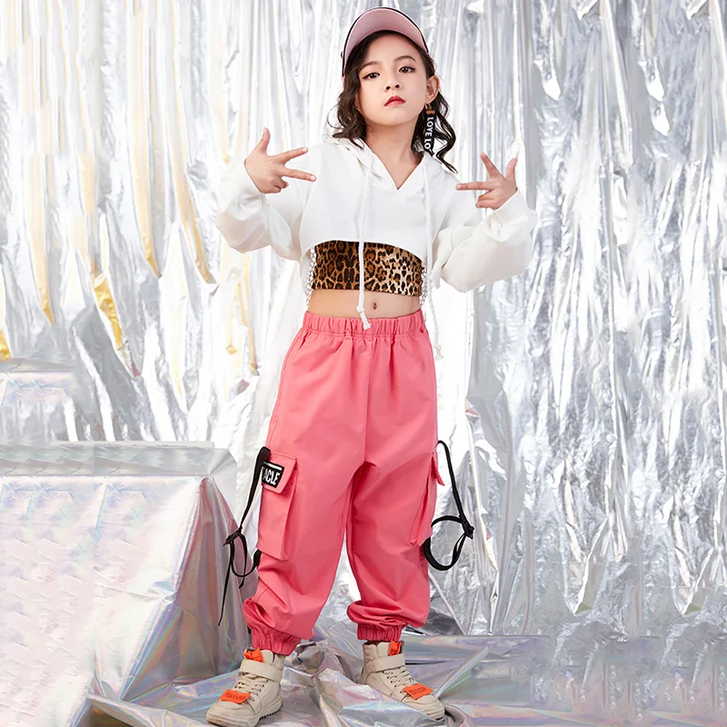 

Hip Hop Costume Girls Leopard Vest White Hooded Mesh Shirt Trousers Kids Dance Costumes For Jazz Street Performance Set DN2776
