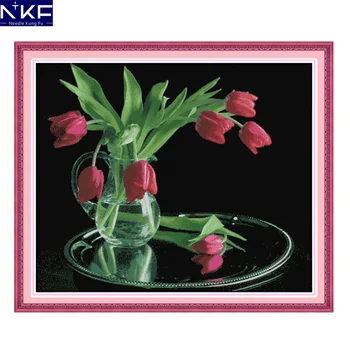 

NKF Tulip Flower Style Full Needlepoint Craft Quick and Easy Cross Stitch Patterns Wedding Embroidery Kits for Home Decoration
