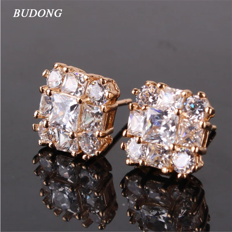 

BUDONG Fashion Piercing Earring Silver/Gold-Color Stud Earrings Square Crystal Zirconia Brand Wedding Earings for Women XUE106