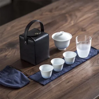 

Travel Tea Set Carrying Bag 1 teapot 3 tea cups bowl leather package hand-painted Kung Fu Tea Set Custom logo