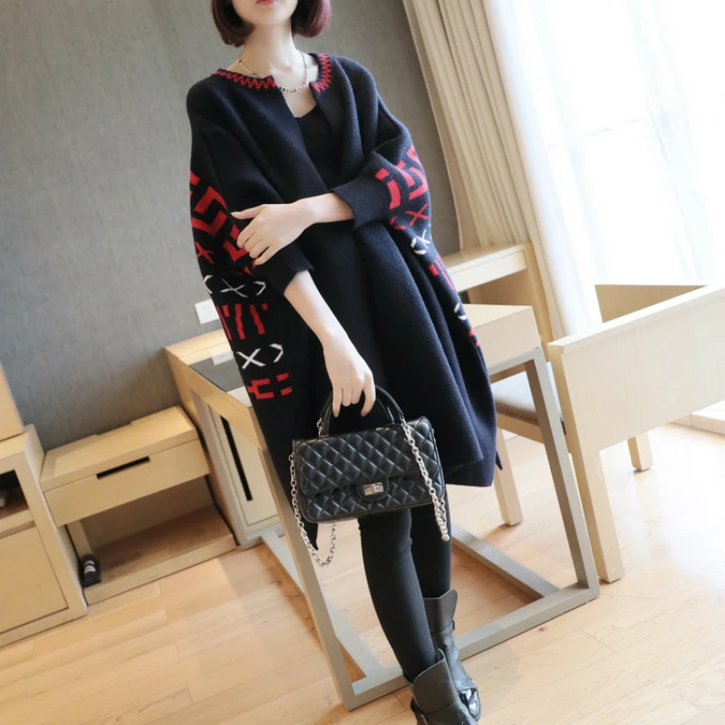 Print Casual Knitting Long Cardigan Female Loose Cardigan Knitted Jumper Warm Winter 2018 Sweater Women Cardigan Large Size