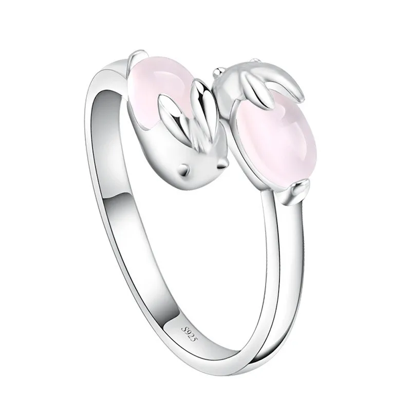 

Crazy Feng New Cute Rabbit Adjustable Finger Ring For Women Silver Color Pink Stone Couple Ring Engagement Wedding Jewelry Gift