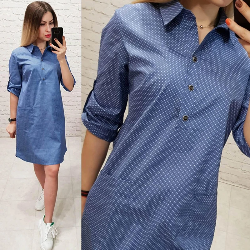 

2019 Women Casual Dot Printed Button Straight Dresses Ladies Pocket Seven Sleeve Short Mini Dress New Fashion Women Loose Dress