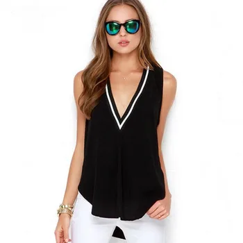 

2018 new fashionable black and white thread deep V collar spliced irregular sleeveless shirt