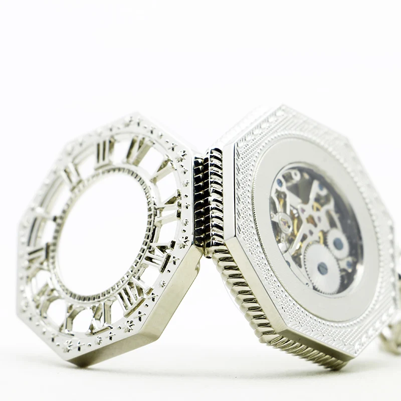 Роскошные Антикварные и винтажные шестигранные Механические карманные часы с арабскими цифрами и цепочкой FOB, полностью стальные часы для мужчин и женщин PJX1196