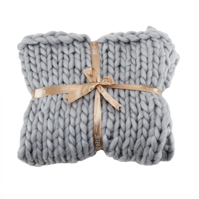 buy Hand Chunky Knitted Blanket Large Soft Warm Winter Bed Sofa Blanket Thick Yarn Merino Wool Bulky Knitting Blanket