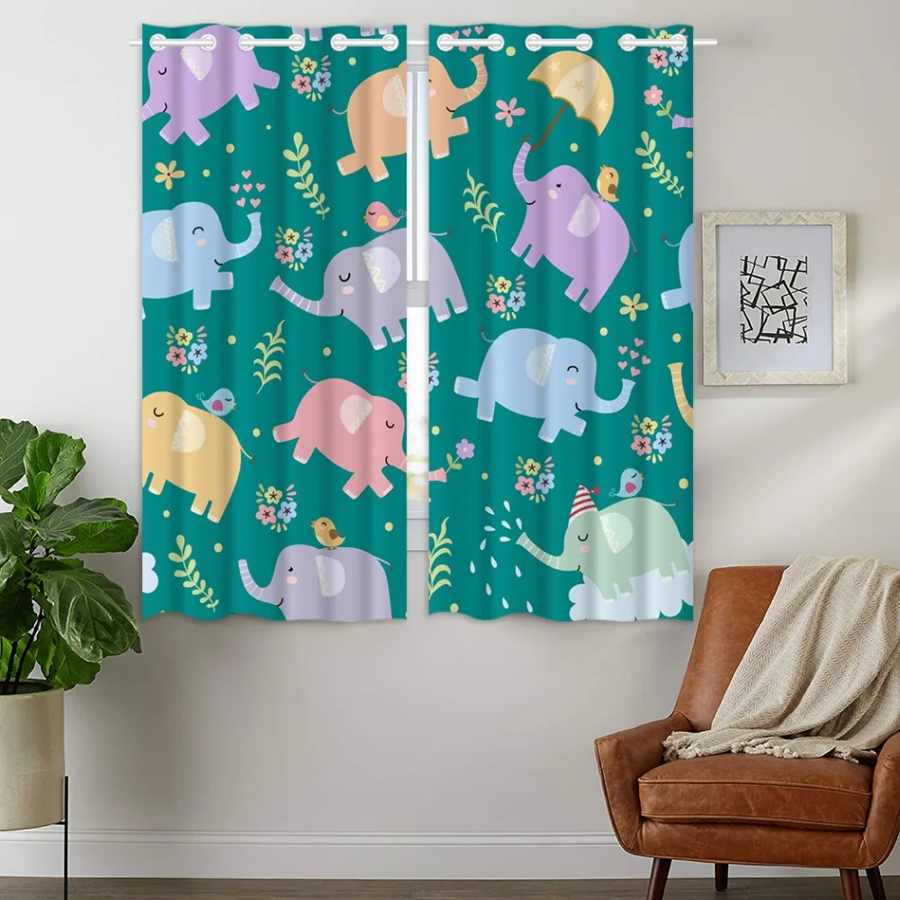 

Blackout Curtains 2 Panels Grommet Curtains for Bedroom Cute Elephant Bird Flower Cartoon Green
