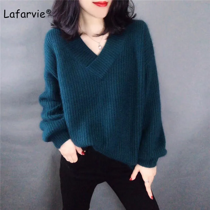 Lafarvie, высококачественный кашемировый вязаный свитер, женские топы, Осень-зима, пуловер с v-образным вырезом, Женский Теплый Свободный вязаный джемпер