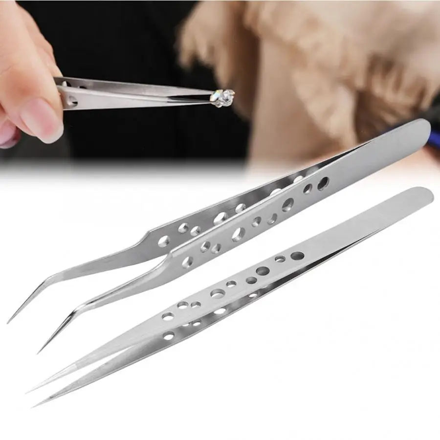 2 стиля немагнитная сталь антистатические пинцеты для ногтей девять отверстий Инструмент для маникюра