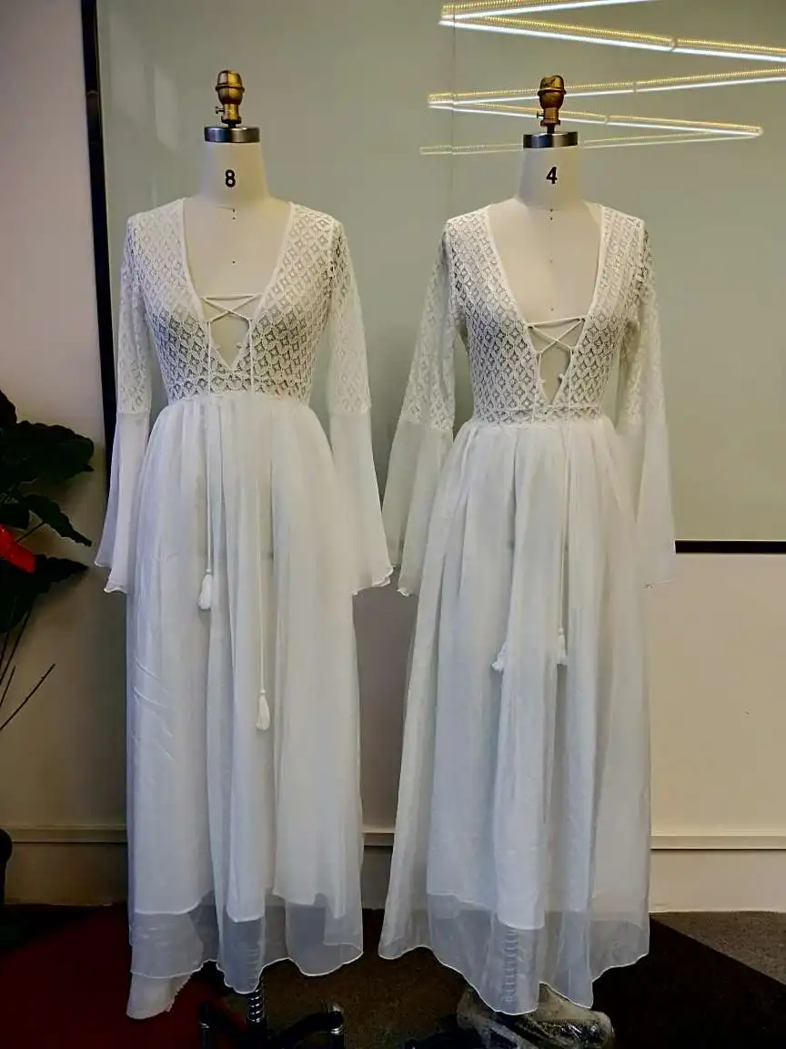 Свадебное длинное женское платье сексуальный глубокий v-образный вырез Полупрозрачное платье макси платья белого цвета женские элегантные летние с длинным рукавом пляжные платья в богемном стиле