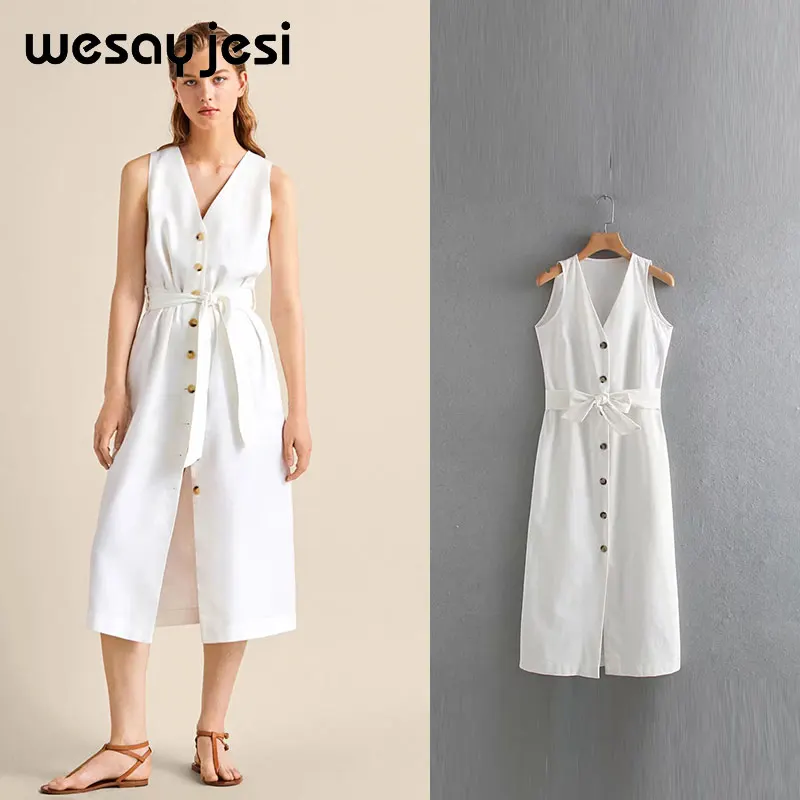 

2019 summer spring dress women vestidos england style button sashes sleeveless v neck midi dress vestidos de fiesta party dress