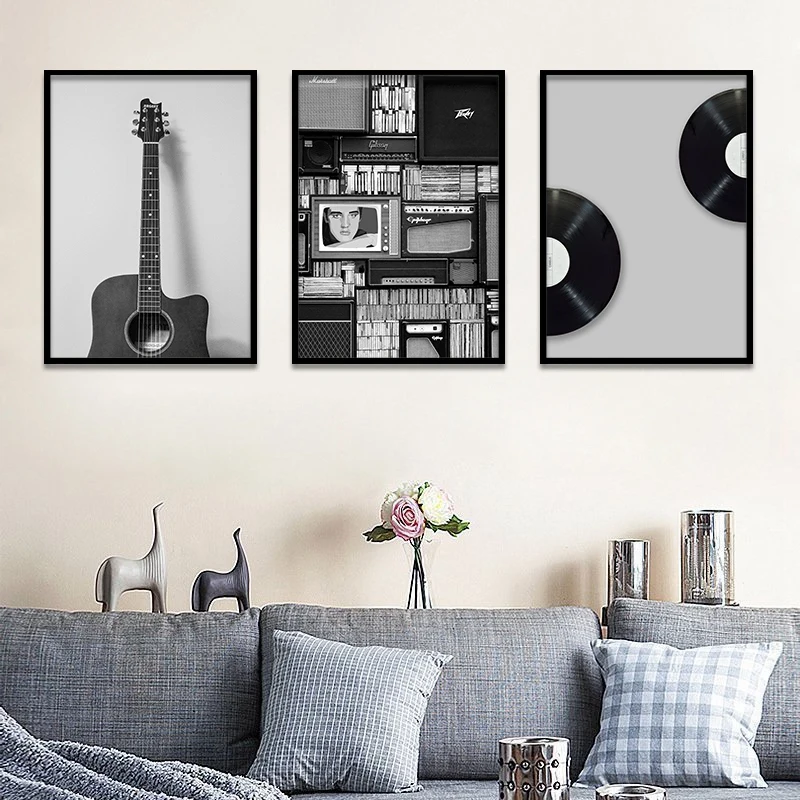 Retro Black Design Art Poster Record Guitar Radio Music Canvas Wall