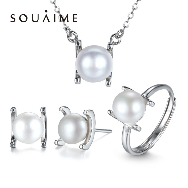 

2018 Jewelry Sets Sieraden Women's 925 Jewelry Set, Natural Freshwater Pearl Ring Earrings Necklace Mother's Day Gift Birthday