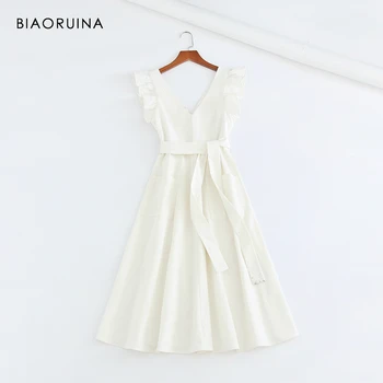 

BIAORUINA Women Cotton Linen Double V-neck Sleeveless A-line Dress Ruffles Women High Waist Summer Back Hollow Out Dress Vestido
