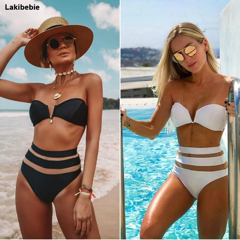 

2019 Sexy High waist Triangle Swimsuit Women V Bra Bandeau Bikini Swimwear BeachWear Bathing Suit Push-Up Padded Bikini Set