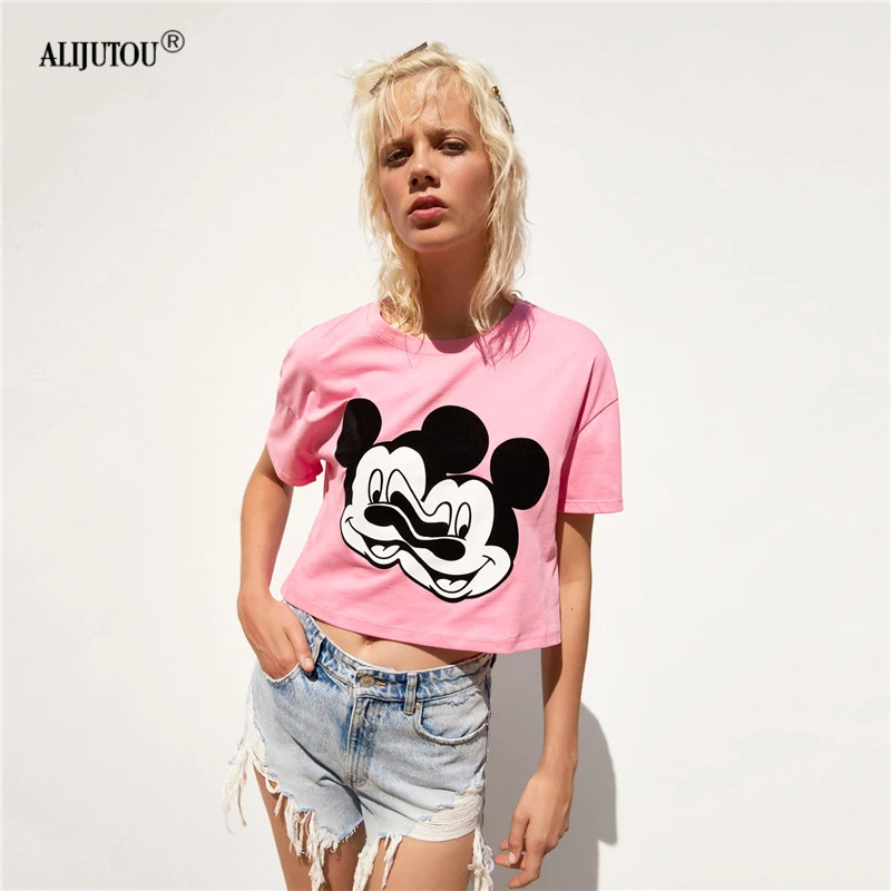 

2019 summer Mickey pink t shirt o neck short sleeve female sexy short streetwear casual cotton tees zaraing women t-shirts tops