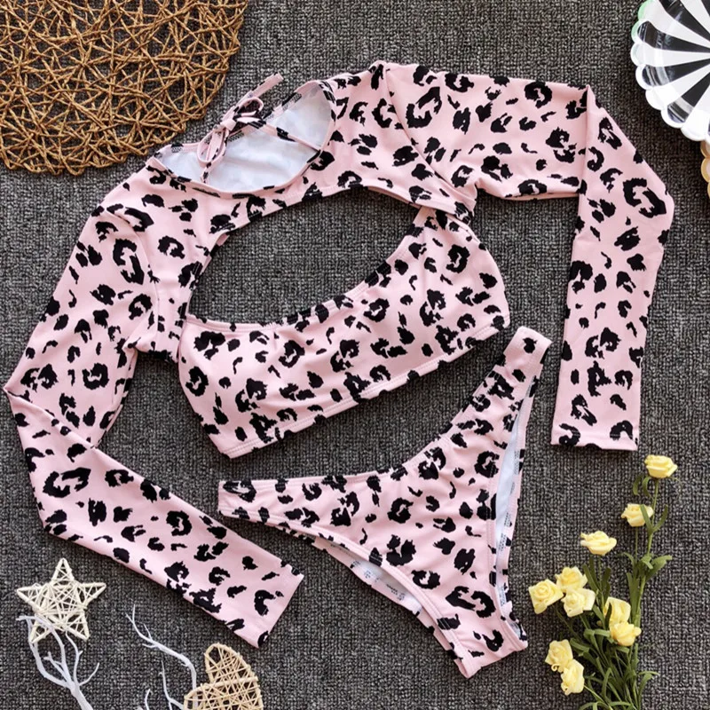 Spring Summer 2019 Bikinis Mujer Sexy Low Leg Long Sleeves Leopard Bikini Three Piece Swimsuit Swimwear Tankini Swimsuits Women