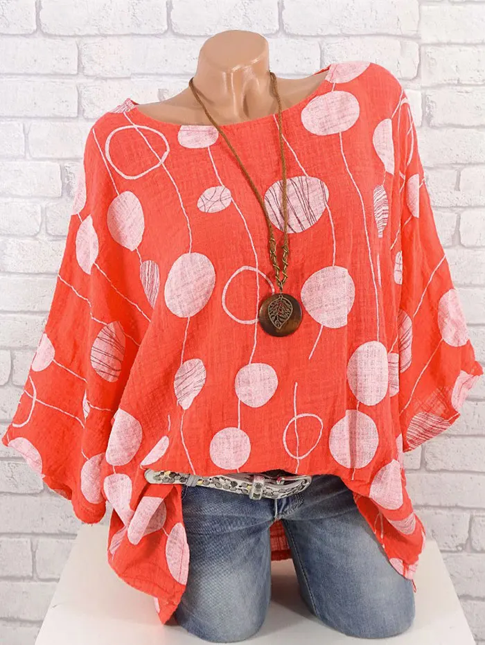 

New Plus Size 5XL Women Boho Shirt Fashion Casual Polka Dot Print Batwing Sleeve Blouse Long Tunic Ladies Loose Shirt Top Female