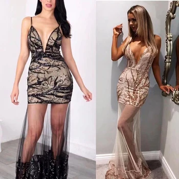 

2019 Dress Sexy Backless Spaghetti Strap See-Through Women Sequined Deep V Neck Sleeveless Night Club Bandage Dresses Wholesale