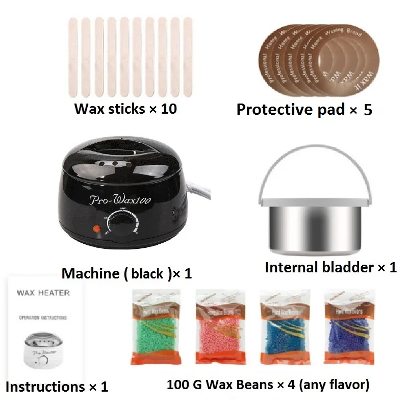 Воск грелка для удаления волос Домашний воск набор электронагреватель для воска+ 4x100 г восковые Бобы+ 5 защитных подушек+ 10 палочек - Цвет: black 1 set