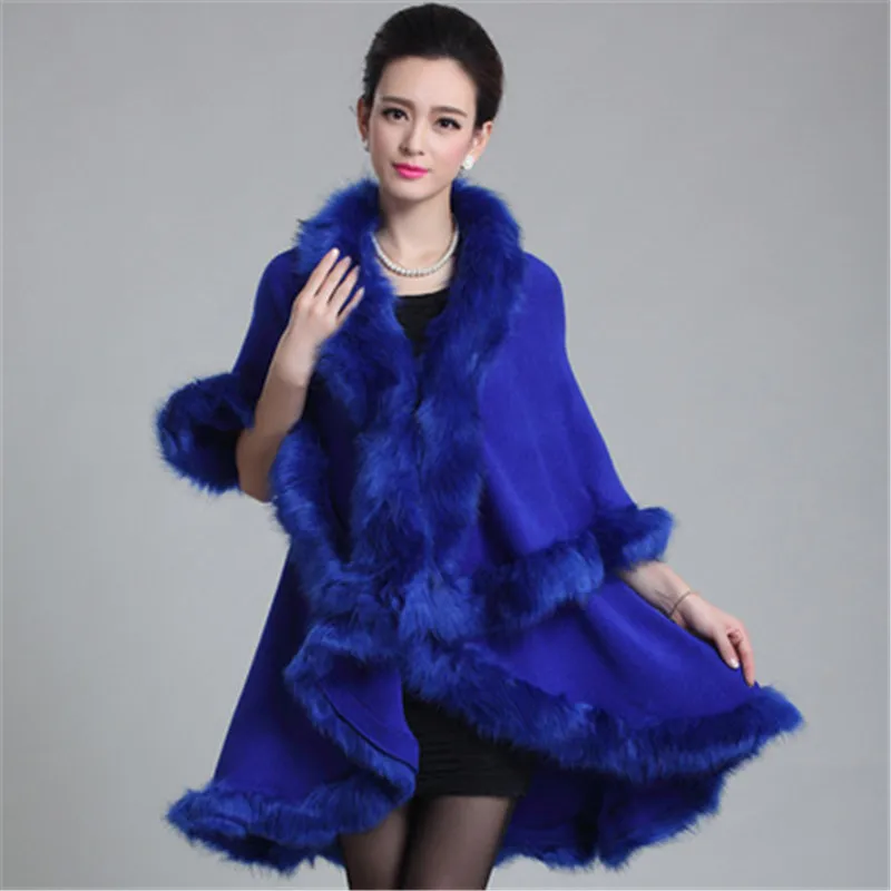 Новое Трикотажное пончо, куртки для женщин, Осень-зима, искусственный Лисий мех, кардиган, шаль, двухслойный вязаный толстый теплый плащ, пальто OKXGNZ 1537 - Цвет: Royal blue