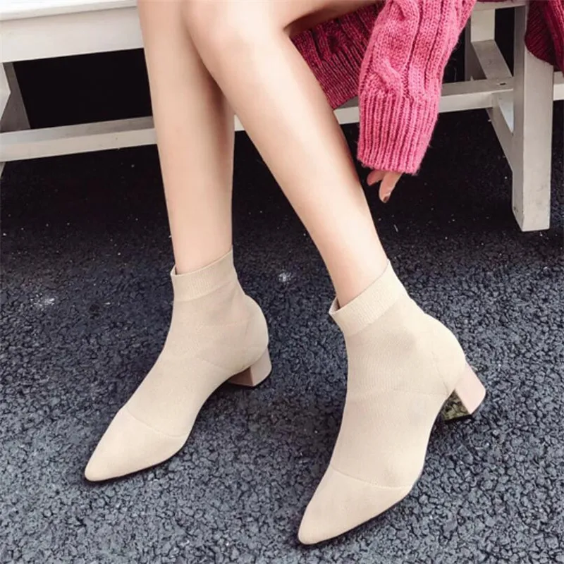 

Mhysa 2019 Spring New Knitted Elastic Socks solid Medium Heeled shoes heel 5cm Women Pointed Toe Ankle Singe shoes Women's pumps