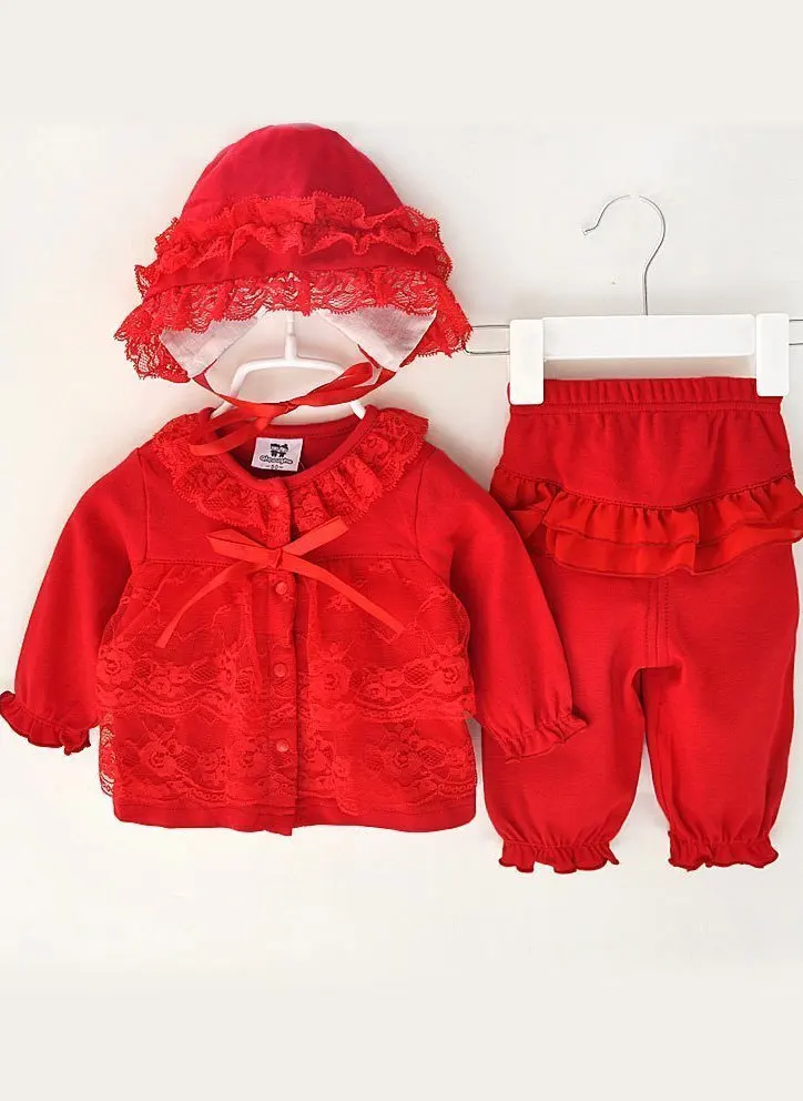 Милый комплект одежды из 3 предметов для новорожденных девочек на первый день рождения, новая стильная одежда для малышей, детская шапка, обувь, повязка на голову, Кружевной Костюм для малышей 0-12 лет - Цвет: red set 3pcs