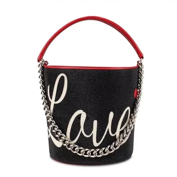 

LOVE HEART Letters Printing Black Red Genuine Stingray Skin Girls Barrel-shaped Bag Ladies Small Single Shoulder Chain Strap Bag